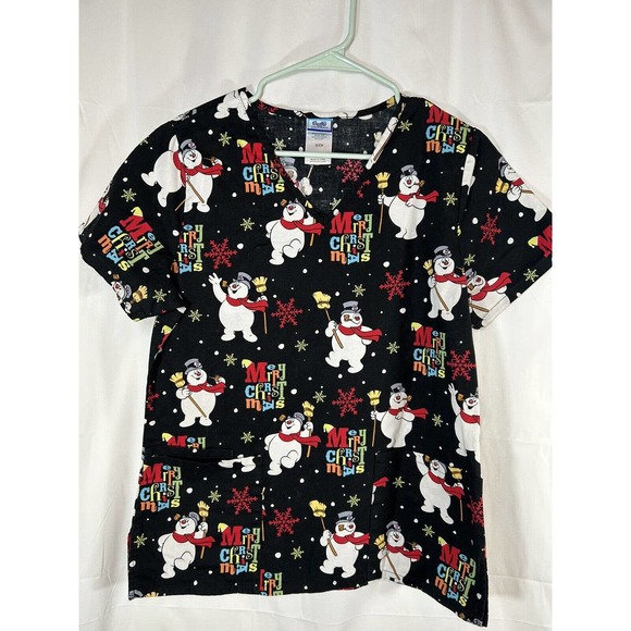 Frosty the Snowman Tops - Frosty the Snowman Womens Size S Merry Christmas Holiday Nurse Scrub Top Ladies